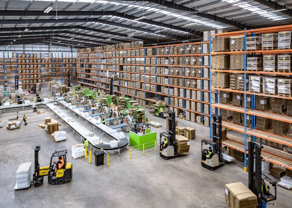 busy, spacious warehousing with high shelves